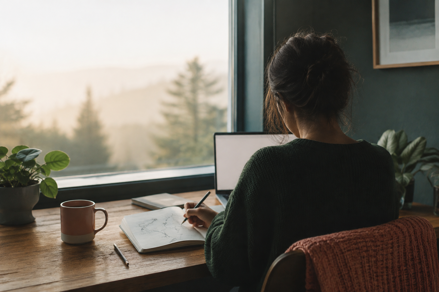 A person at a desk looking out a window while sketching a route in a notebook.