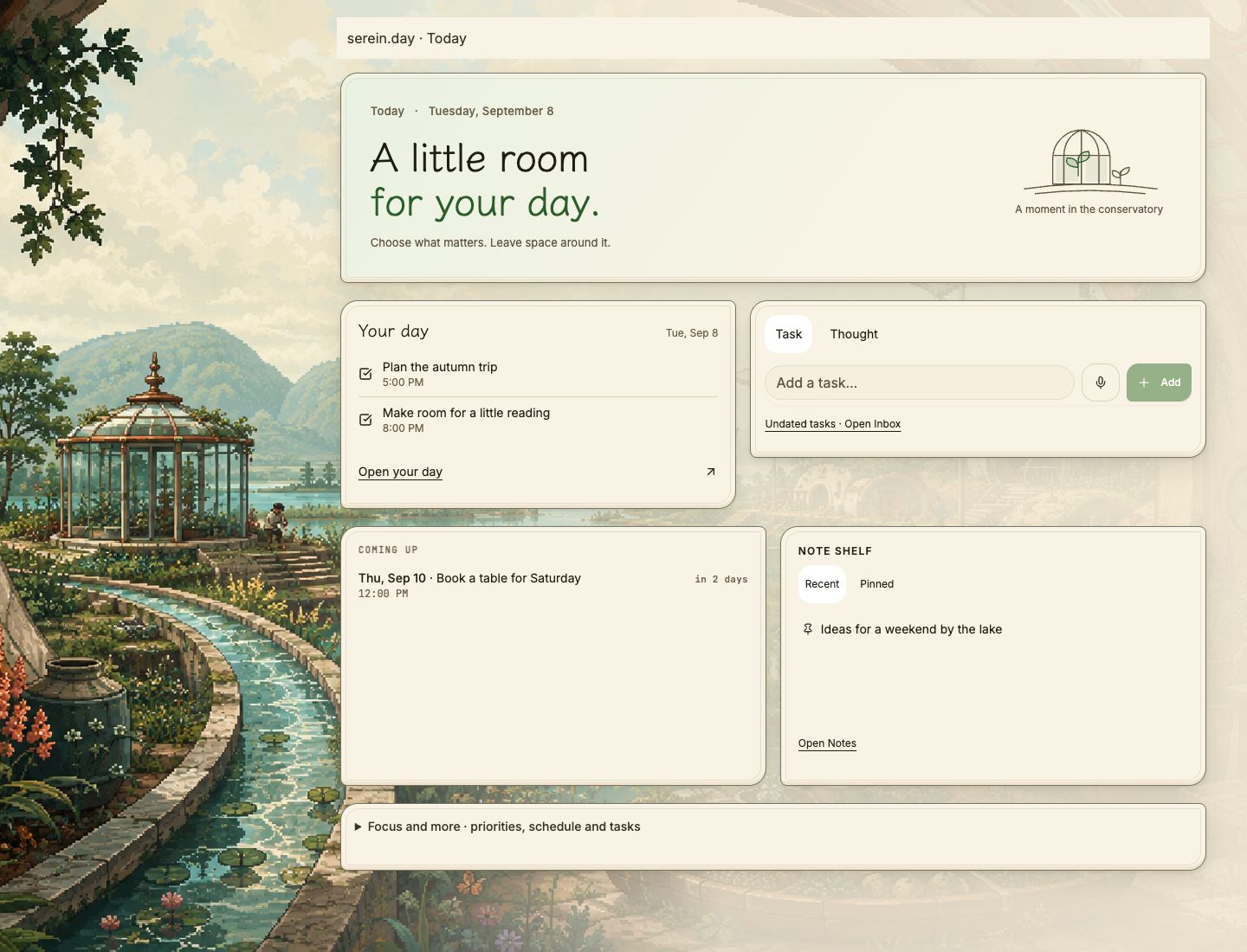 Serein Today in its Solarpunk environment, showing today’s plans, thought capture and a note shelf with illustrative example data.